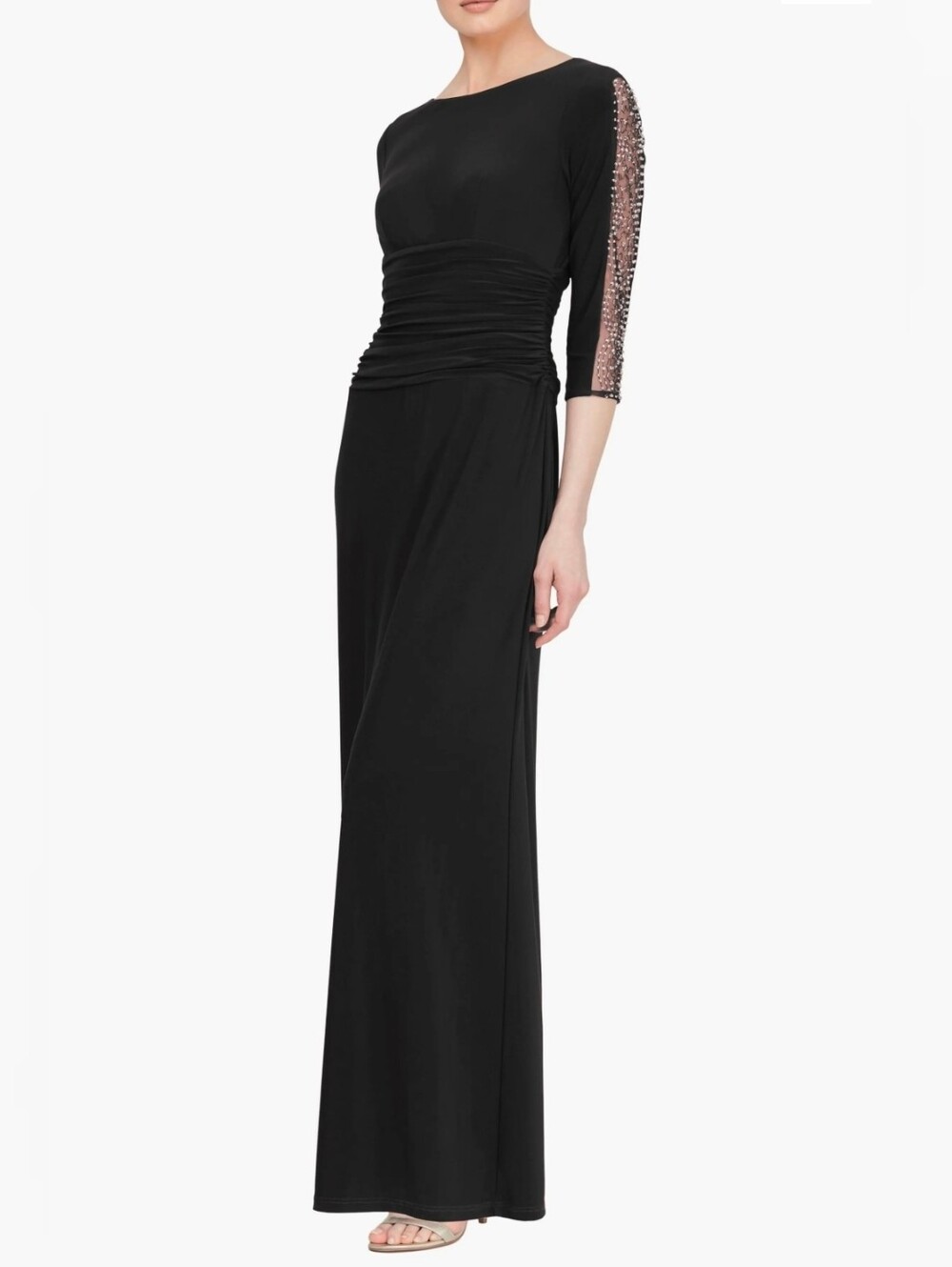 SL Fashions Black Maxi Dress with Beaded Sleeve Ruched Gown Size 12